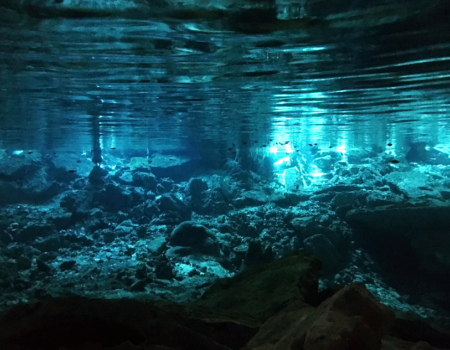 Floor of rocks under the surface of a body of water.